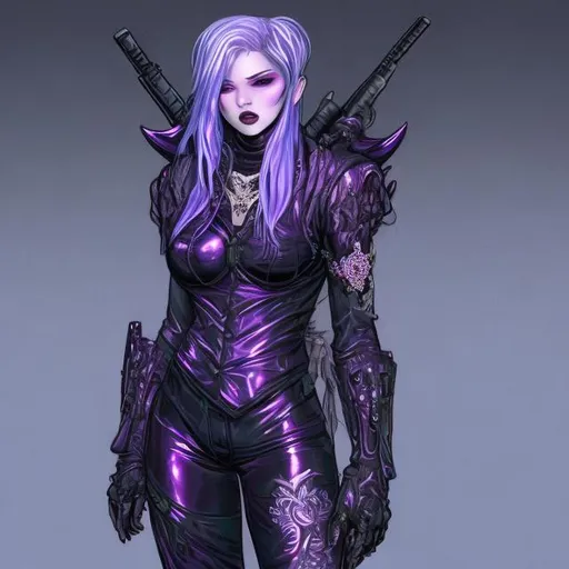 Prompt: Gorgeous vampire-gangster-fairy  in completely transparent light armor holding a Mac10.  bright glossy deep metallic iridescent colors, perfect art with a street/gangsta dark tone.