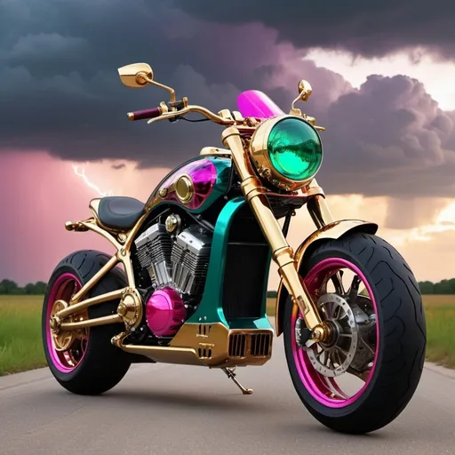 Prompt: An humanoid AI upper torso & head instead of handlebars is the auto-driver of a steampunk ultra modern electric chopper motorcyle. Bright acrylic teal, blood red, hot pink, gold, mirror reflective chrome & dark purple storm clouds with hot pink & metallic green lightning, copper, brass, clear acrylic, hyperrealistic, cool unique design, polished aluminum, unique design electric motorcycle. Perfect 3D photo, golden hour under storm clouds perfect lighting.