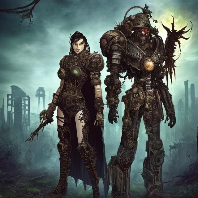 Prompt: The evil, cyborg sorcerer & warlord called Gemini rules the overgrown ruins of 20th century cities, in a post-apocalyptic Earth reclaimed by nature. Steampunk.