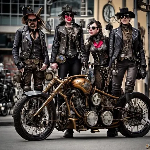 Prompt: steampunk biker gang of different cyborgs, with all kinds of steampunk motorcycles.