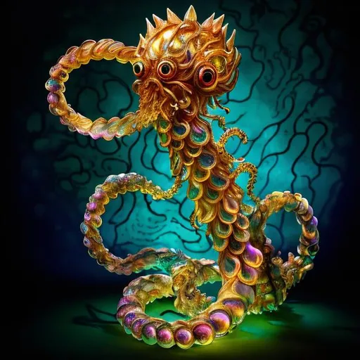 Prompt: A bejeweled crystal sculpture of a spiral swimming sea serpent with iridescent scales & eight whip-like stinging tentacles made of gold, & a lantern fish-like head with bioluminescent lure glowing on top, & gaping mouth full of needle-teeth including some even longer than its face. high quality, epic bright lighting, perfect focus, detailed, perfect contrast, balanced, intricate details, realistic, 3D.