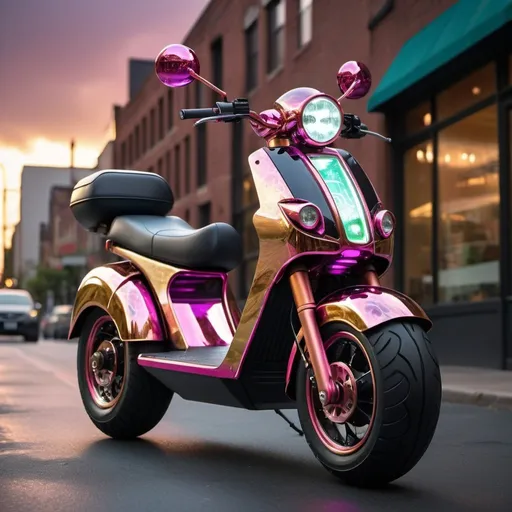 Prompt: A raked out steampunk ultramodern fat-tire electric scooter self-driven by a humanoid AI upper torso & head auto-driver controller with spiky head. Mirror reflective chrome, bright acrylic iridescent  & dark purple storm clouds, with hot pink & metallic green lightning design on the scooter, pearlescent white & obsidian black, teal, blood red, hot pink, gold,  copper, brass, clear acrylic, hyperrealistic, cool unique design, polished aluminum, unique design electric motorcycle. Perfect 3D photo, golden hour under storm clouds perfect lighting.