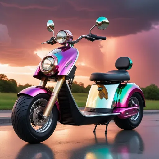 Prompt: A raked out, all mirror reflective chrome steampunk ultramodern fat-tire electric scooter self-driven by a humanoid AI upper torso & head auto-driver controller with spiky head. Bright acrylic iridescent  & dark purple storm clouds, with hot pink & metallic green lightning design on the scooter, pearlescent white & obsidian black, teal, blood red, hot pink, gold,  copper, brass, clear acrylic, hyperrealistic, cool unique design, polished aluminum, unique design electric motorcycle. Perfect 3D photo, golden hour under storm clouds perfect lighting.