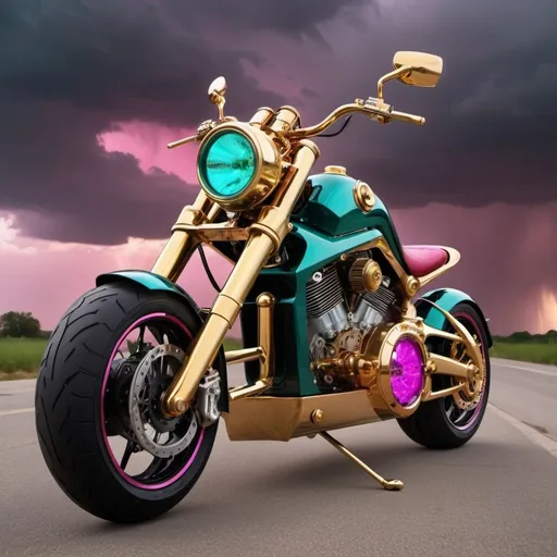 Prompt: An humanoid AI upper torso & head instead of handlebars is the auto-driver of a steampunk ultra modern electric chopper motorcyle. Bright acrylic teal, blood red, hot pink, gold, mirror reflective chrome & dark purple storm clouds with hot pink & metallic green lightning, copper, brass, clear acrylic, hyperrealistic, cool unique design, polished aluminum, unique design electric motorcycle. Perfect 3D photo, golden hour under storm clouds perfect lighting.