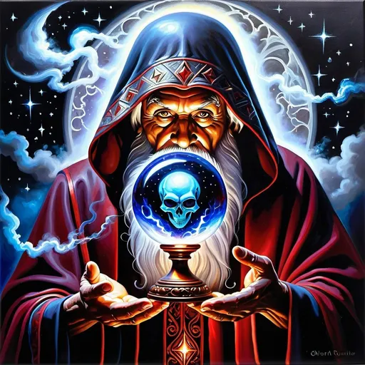 Prompt: A magic crystal ball lets an ancient human wizard to talk to a demon-alien head. iridescent smoke & magic, highly detailed, rich acrylic colors photo quality painting, cosmic astral time theme, dark foreboding, shadowed, scary, blood red, dark gray, electric blues, metal, horror,thunder & lightning, stars, equations, magic symbols, runes, 