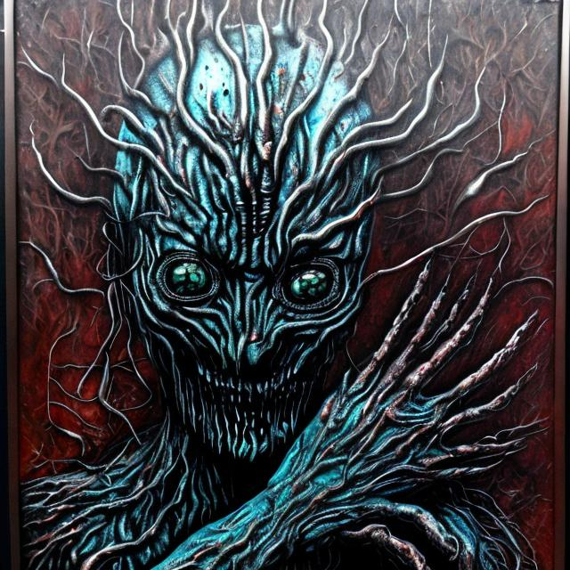 Prompt: "Scleroderma Torment" horror painting masterpiece done in metallic spraypaint grafitti, shiny acrylic, obsidian, except far more disturbing & brilliant.