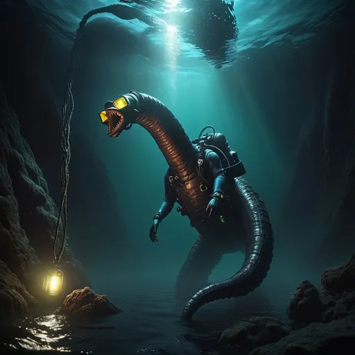 Prompt: A scuba diver down 200feet deep below the surface of Loch Ness suddenly finds the Loch Ness Monster in front of him in the only light available coming off his flashlight. detailed matte painting, deep color, fantastical, intricate detail, splash screen, complementary colors, fantasy concept art, 8k resolution trending on Artstation Unreal Engine 5