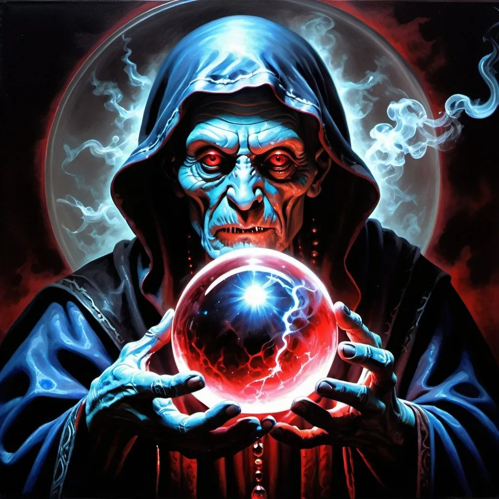 Prompt: A magic crystal ball lets an ancient human wizard to talk to a demon-alien head. smoke & magic, highly detailed, rich acrylic colors photo quality painting, cosmic astral time theme, dark foreboding, shadowed, scary, blood red, dark gray, electric blues, metal, horror,