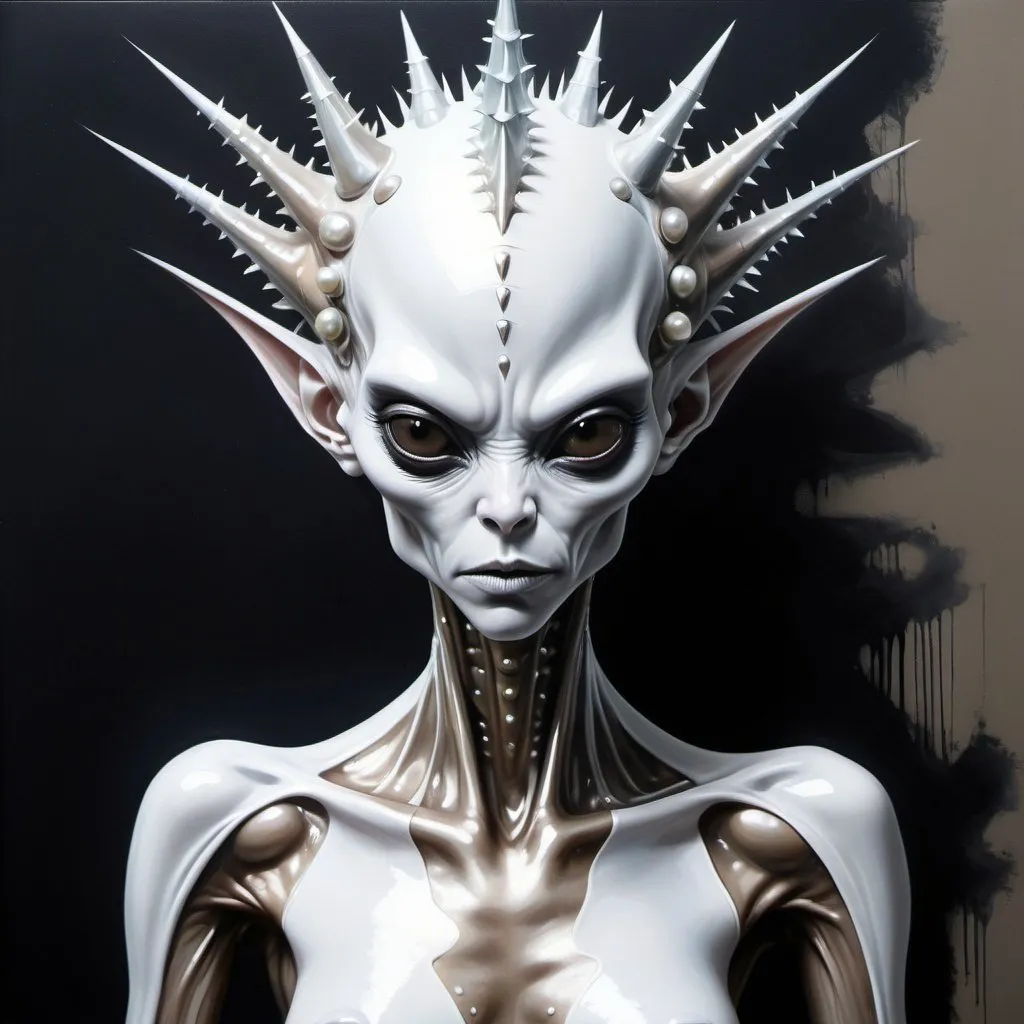 Prompt: A pale spiky headed beautiful humanoid alien. painting masterpiece done in metallic spraypaint grafitti, shiny acrylic, obsidian, iridescent, pearl white, disturbing & brilliant. Super beautiful alien female.