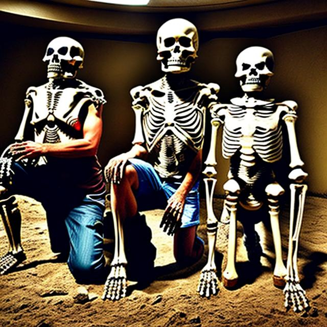 Prompt: Two modern archeologists kneeling next to two half-uncovered giant humanoid skeletons from an ancient burial. Photo quality