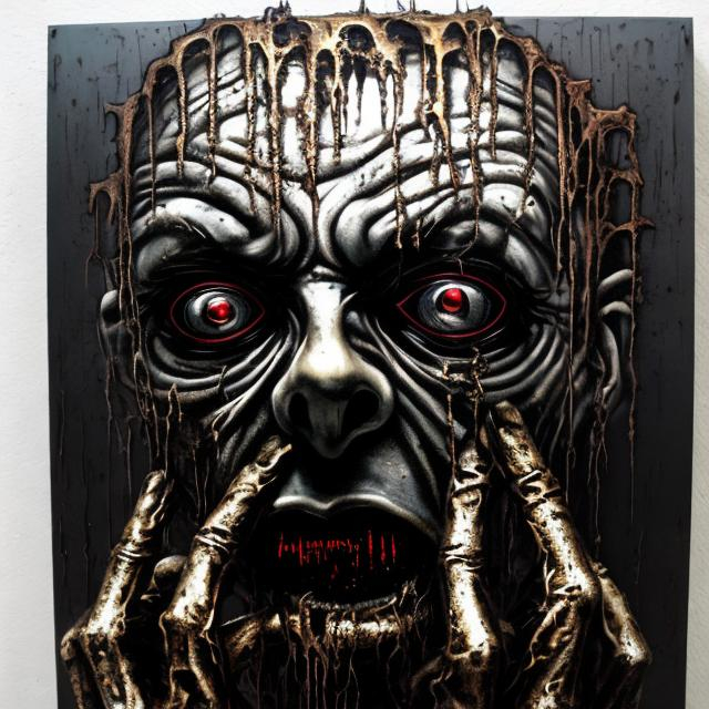 Prompt: "Tormented Man" style horror painting masterpiece done in metallic spraypaint grafitti, shiny acrylic, obsidian, except far more disturbing & brilliant.