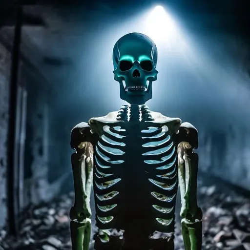 Prompt: A scary ghost who's skeleton can be seen bemeath its ephemeral outer flesh & clothing suddenly appears in the flashlight beam of a man investigating abandoned factory. high quality, epic bright lighting, perfect focus, detailedò details, realistic, 3D.