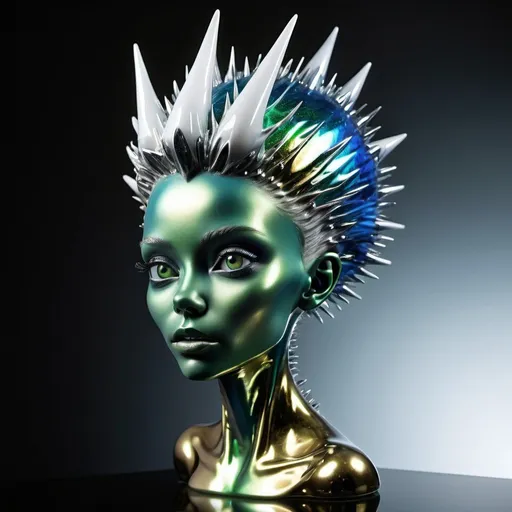 Prompt: Incredibly glass sculpture of a beatiful alien female with hammered-white fading to black iridescent spikey hair, metallic green, electric blue, gold, hammed chrome. High quality, epic bright lighting, perfect focus, detailed details, realistic, 3D.