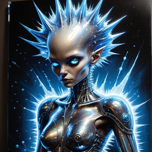 Prompt: A spiky haired beautiful humanoid alien in clear acrylic clothing. painting masterpiece done in metallic spraypaint grafitti, transparent acrylic clothing, obsidian, iridescent, vermillion, electric blue, pearl white, disturbing & brilliant. Super beautiful alien female with a cosmic bubbles & space lightning bolts.