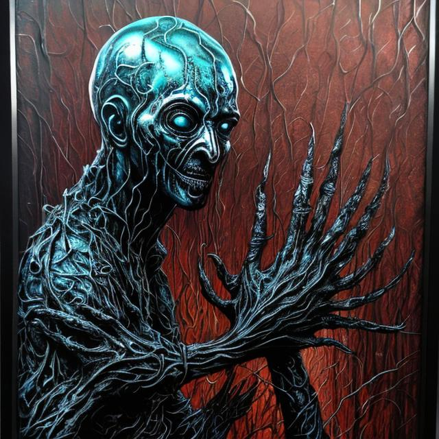 Prompt: "Scleroderma Torment" horror painting masterpiece done in metallic spraypaint grafitti, shiny acrylic, obsidian, except far more disturbing & brilliant.