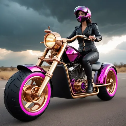 Prompt: A steampunk ultramodern fat-tire electric raked out chopper-scooter self-driven by a humanoid AI upper torso & head auto-driver controller. Bright acrylic iridescent mirror reflective chrome & dark purple storm clouds, with hot pink & metallic green lightning design on the scooter, pearlescent white & obsidian black, teal, blood red, hot pink, gold,  copper, brass, clear acrylic, hyperrealistic, cool unique design, polished aluminum, unique design electric motorcycle. Perfect 3D photo, golden hour under storm clouds perfect lighting.