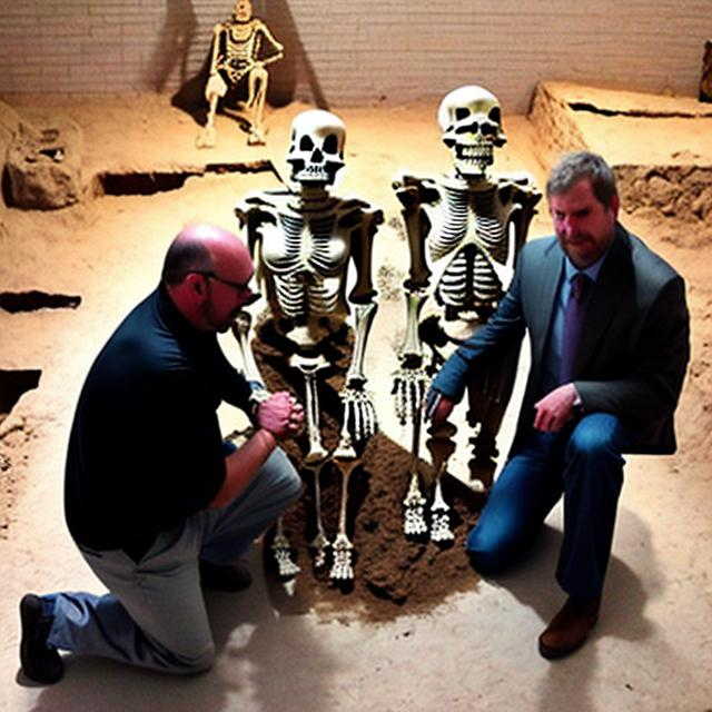 Prompt: Two modern archeologists kneeling next to two half-uncovered giant humanoid skeletons from an ancient burial. Photo quality