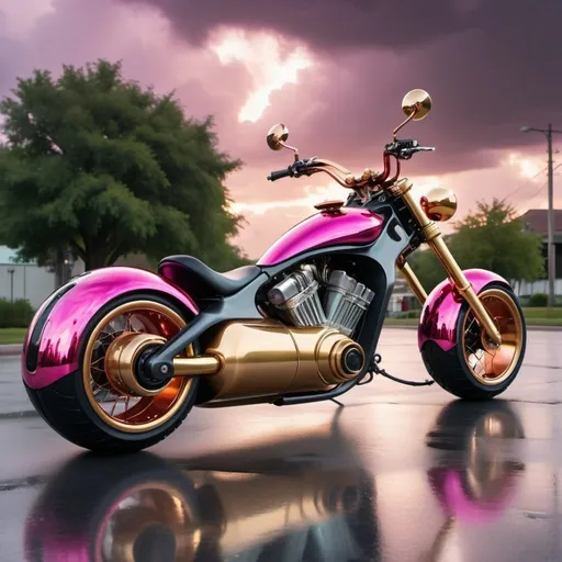 Prompt: A steampunk ultramodern fat-tire electric raked out chopper-scooter self-driven by a humanoid AI upper torso & head auto-driver controller. Bright acrylic iridescent mirror reflective chrome & dark purple storm clouds, with hot pink & metallic green lightning design on the scooter, pearlescent white & obsidian black, teal, blood red, hot pink, gold,  copper, brass, clear acrylic, hyperrealistic, cool unique design, polished aluminum, unique design electric motorcycle. Perfect 3D photo, golden hour under storm clouds perfect lighting.