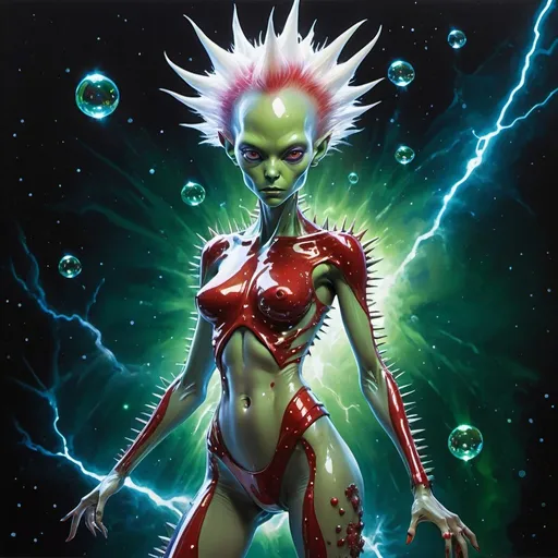 Prompt: A full body image of a spiky haired beautiful humanoid alien female in a miniscule bit of clear acrylic clothing, with a very busy, cosmic time bubbles & fractal space-storm, space-lightning bolts, & cosmic fountain background. Painting masterpiece super realistic, done in metallic spraypaint grafitti, transparent acrylic clothing, green, iridescent, vermillion, electric blue, blood red, pearl white, disturbing & brilliant. Super beautiful alien female full body image.