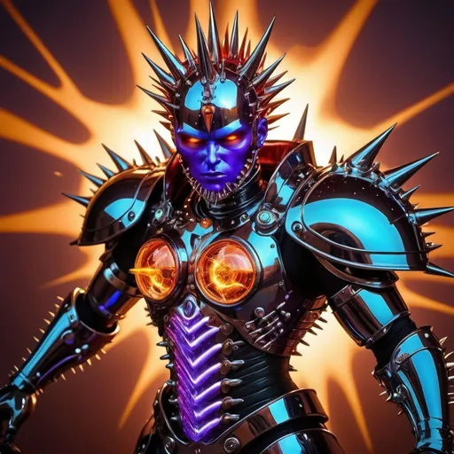 Prompt: The spikey protein CoVid virus as an evil humanoid 60% biotech cyborg super villain with a glowing hot sword blade, reveling in a busy storm of iridescent amethyst colored & twining lightning bolts, & drifting reality-warping mirror-finish fractal-bubbles ranging from golfball to softball-sizes. Colorful image blood red & metallic banana yellow, chrome & iridescent, electric blue, copper, pearlescent white, royal purple, iridescent orange, dark green. Photo Quality, highly detailed, perfect magic hour lighting, many weapons & armor, interfaces, jets, gagets, an imposing figure, horrifying villain, 3D, steampunk, acrylic graffiti look in a photograph.