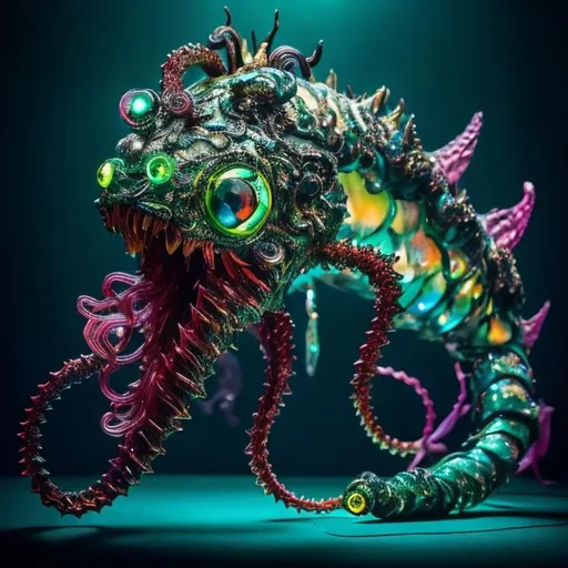 Prompt: Bejeweled sculpture of a sea monster with iridescent scales, obsidian fins, eight whip-like stinging tentacles made of gold, & a lantern fish-like head with bioluminescent lure glowing on top, huge eyes, & gaping mouth full of needle-teeth including some even longer than its face. high quality, epic bright lighting, perfect focus, detailedò details, realistic, 3D.