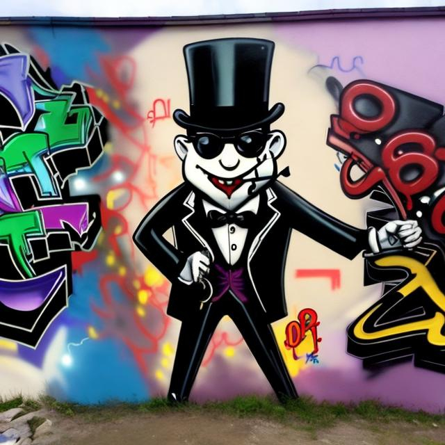 Prompt: Beautiful graffiti mural painting of the vampire gangster Monopoly Man. street art, bright glossy deep colors, perfect art with a street/gangsta dark tone.