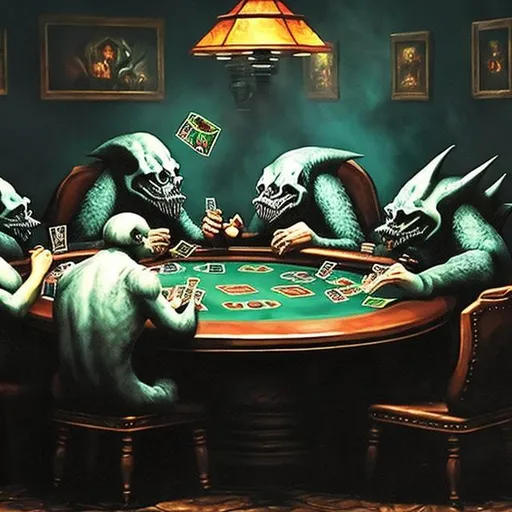 Prompt: A table full of well-known cryptids playing poker.