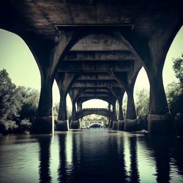 Prompt: A huge evil trolll  bridge partly visible in the deep shadows under a bridge. photo quality