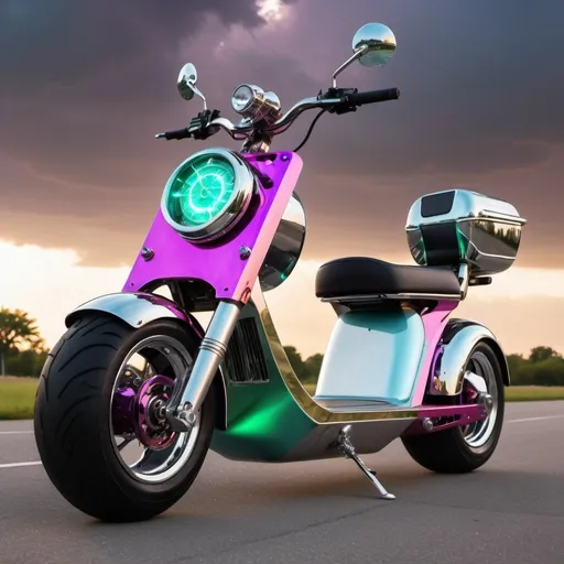 Prompt: An mirror reflective chrome steampunk ultramodern fat-tire electric scooter with neon accents & a fusion reactor in the center. Bright acrylic iridescent  & dark purple storm clouds, with hot pink & metallic green lightning design on the scooter, pearlescent white & obsidian black, teal, blood red, hot pink, gold,  copper, brass, clear acrylic, hyperrealistic, cool unique design, polished aluminum, unique design electric motorcycle. Perfect 3D photo, golden hour under storm clouds perfect lighting.