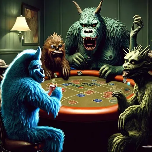 Prompt: A bigfoot, a lochness monster, a mothman, a dogman, an alien, & a chupacabra playing poker.