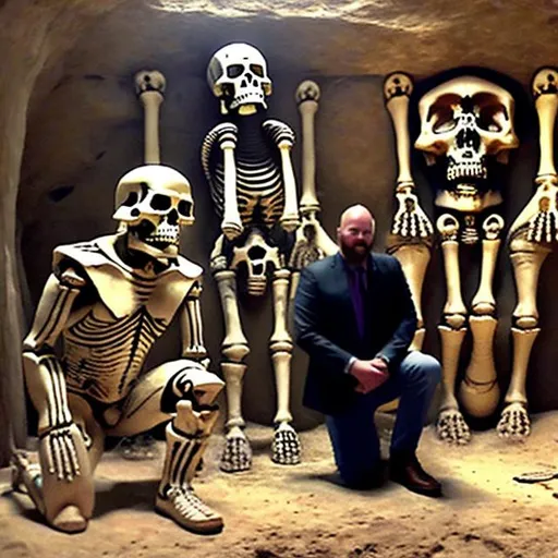 Prompt: Two modern archeologists kneel beside two giant humanoid skeletons in an ancient burial they're currently uncovering. Photo quality
