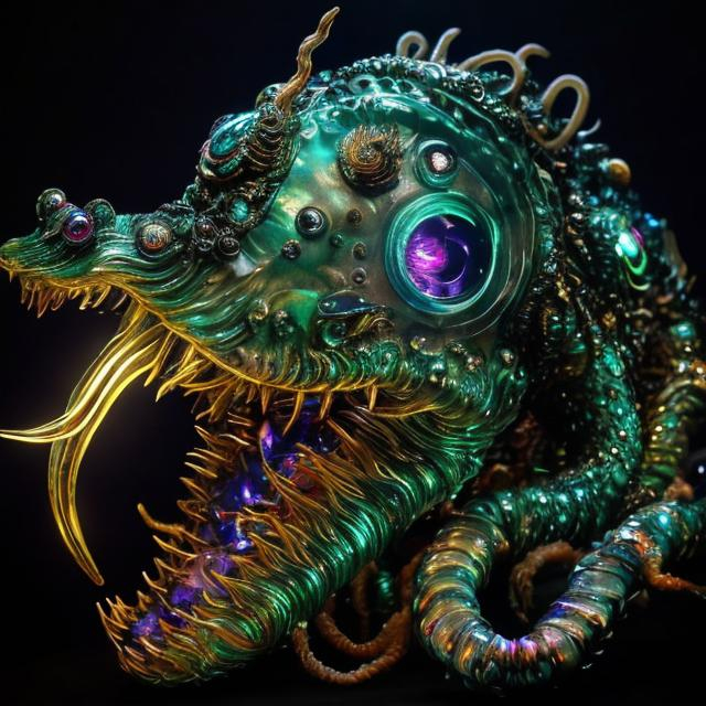 Prompt: Bejeweled sculpture of a sea monster with iridescent scales, obsidian fins, eight whip-like stinging tentacles made of gold, & a lantern fish-like head with bioluminescent lure glowing on top, huge eyes, & gaping mouth full of needle-teeth including some even longer than its face. high quality, epic bright lighting, perfect focus, detailedò details, realistic, 3D.