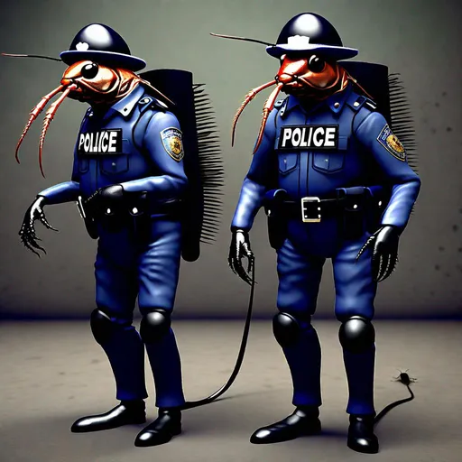 Prompt: Insectoid cockroach-police officers, cockroaches dressed in their full cop uniforms.