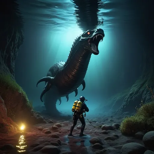Prompt: A scuba diver down 200feet deep below the surface of Loch Ness suddenly finds the Loch Ness Monster in front of him in the only light available coming off his flashlight. detailed matte painting, deep color, fantastical, intricate detail, splash screen, complementary colors, fantasy concept art, 8k resolution trending on Artstation Unreal Engine 5
