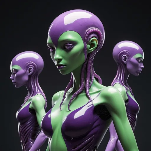 Prompt: An all smooth, amethyst purple & green humanoid with no face but tentacles reaching off its roundish head, androgenous, standing & talking with a pair of future humans.