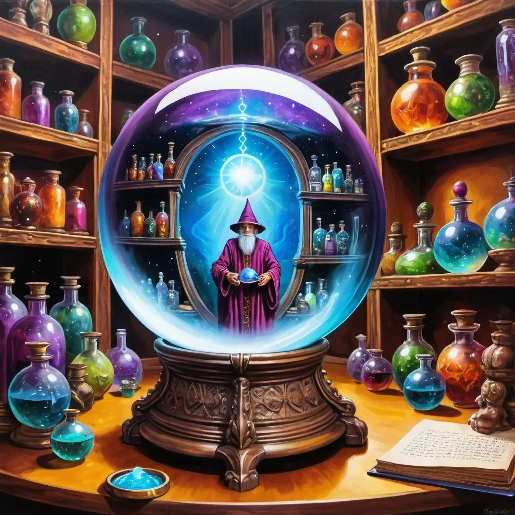 Prompt: A magic crystal ball shows an ancient human wizard a future alien invasion. shelves of potions & inventions in the background, rich acrylic colors photo quality painting,  cosmic astral time theme.