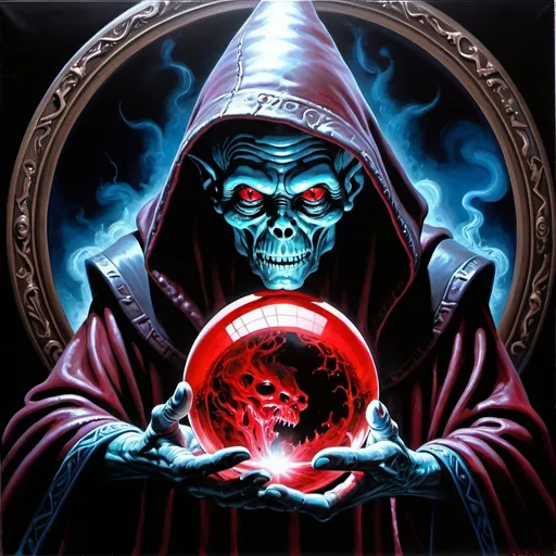 Prompt: A magic crystal ball lets an ancient human wizard to talk to a demon-alien head. smoke & magic, highly detailed, rich acrylic colors photo quality painting, cosmic astral time theme, dark foreboding, shadowed, scary, blood red, dark gray, electric blues, metal, horror,