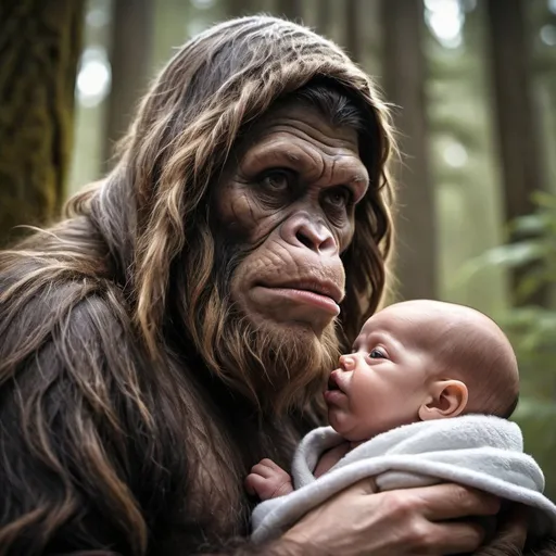 Prompt: A mother sasquatch with a hooded nose & only light facial hair feeding her single hairless newborn infant. the mothers face has an almost human look with hooded nose & only light facial hair. intricate details, HDR, beautifully shot, hyperrealistic, sharp focus, 64 megapixels, perfect composition, high contrast, cinematic, atmospheric, moody Professional photography, bokeh, natural lighting, canon lens, shot on dslr 64 megapixels sharp focusalmost human look with hooded nose & only light hair. intricate details, HDR, beautifully shot, hyperrealistic, sharp focus, 64 megapixels, perfect composition, high contrast, cinematic, atmospheric, moody mothers face has an almost human look with hooded nose & only light facial hair