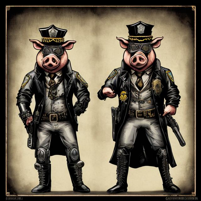 Prompt: A pair of pig-police officer partners, one bumbling, one evil. Adult dramatic graphic novel charachters drawn in fantastic, professional unique grafitti-steampunk-style comic art. 