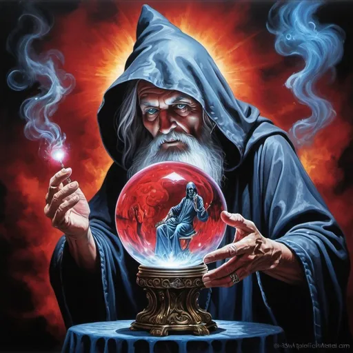 Prompt: A magic crystal ball lets an ancient human wizard watch a modern rock concert. smoke & magic, highly detailed, rich acrylic colors photo quality painting,  cosmic astral time theme, dark foreboding, shadowed, scary, blood red, dark gray, electric blues, metal.