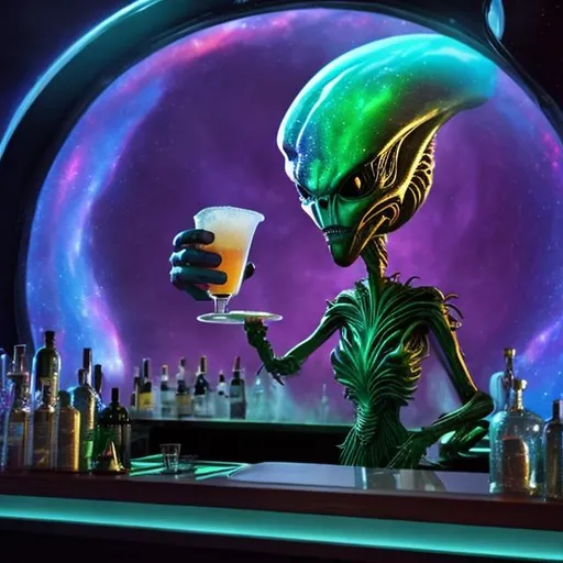 Prompt: An many armed alien barkeeper mixes drinks with a view of ths swirling galaxy behind it.