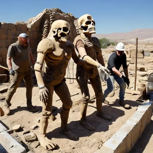 Prompt: Two archeologists pose on-site with a giant humanoid skeleton they're uncovering.