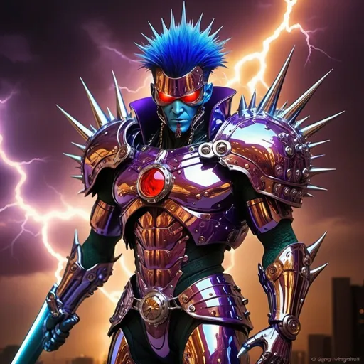 Prompt: The spikey protein CoVid virus as an evil humanoid 60% biotech cyborg super villain with a glowing hot sword blade, & the background is a busy storm of iridescent amethyst colored & twining lightning bolts all around, & drifting reality-warping mirror-finish fractal-bubbles ranging from golfball to softball-sizes. Colorful image blood red & metallic banana yellow, chrome & iridescent, electric blue, copper, pearlescent white, royal purple, iridescent orange, dark green. Photo Quality, highly detailed, perfect magic hour lighting, many weapons & armor, interfaces, jets, gagets, an imposing figure, horrifying villain, 3D, steampunk, acrylic graffiti look in a photograph.