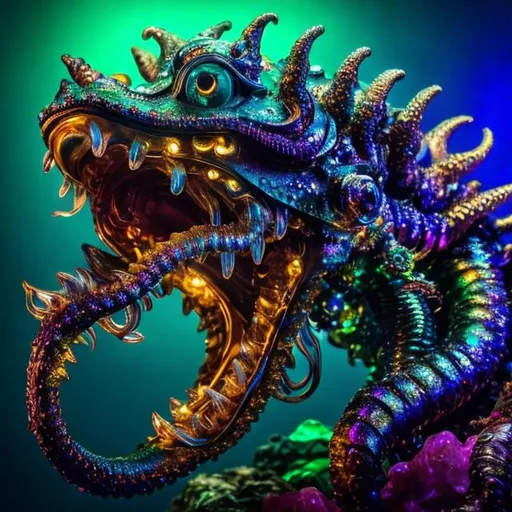 Prompt: Bejeweled sculpture of a sea monster with iridescent scales, crystal fins, eight whip-like stinging tentacles made of gold, & a lantern fish-like head with bioluminescent lure glowing on top, & gaping mouth full of needle-teeth including some even longer than its face. high quality, epic bright lighting, perfect focus, detailedò details, realistic, 3D.
