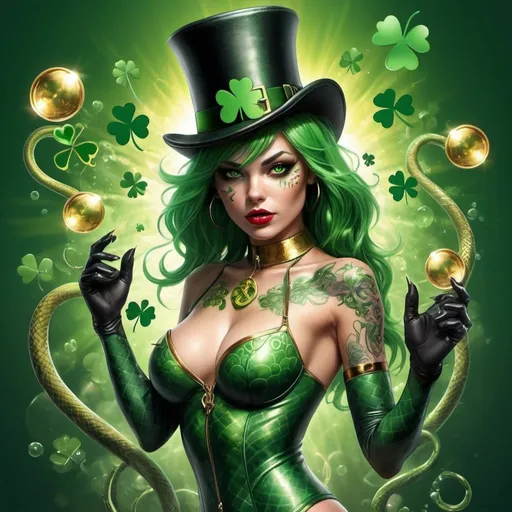 Prompt: Incredibly beautiful tatoo covered female cat-woman wearing only a tophat & skimpy, transparent clothes, & she's entirely covered head to toe in incredibly intricate tricolor green, St. Patricks day related tatoos all ranging in color between super light hammered metallic green to dark iridescent green, & a super busy background incorporating blood red & hammed chrome colored symbols, gold lightning, fleeing snakes, fractals, coin bubbles. St. Patricks day, cane, & fleeing snakes, & 4-leaf shamrock leaves. High quality, epic bright lighting, perfect focus, detailed details, realistic, 3D high-quality photo, busy background, party streamers, irridescent bubbles,
