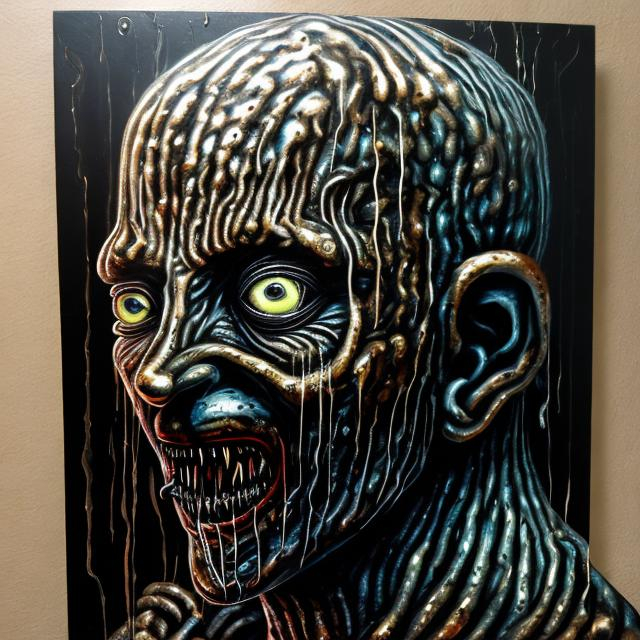 Prompt: "Tormented by Scleroderma Man" style horror painting masterpiece done in metallic spraypaint grafitti, shiny acrylic, obsidian, except far more disturbing & brilliant.