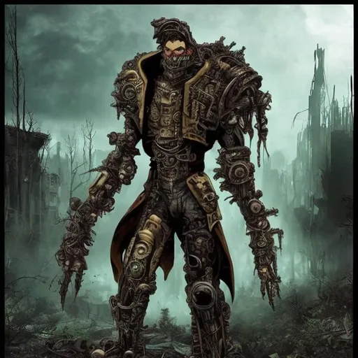 Prompt: The evil cyborg sorcerer Gemini is a warlord who rules the overgrown ruins of 20th century cities, in a post-apocalyptic Earth reclaimed by nature. Steampunk.