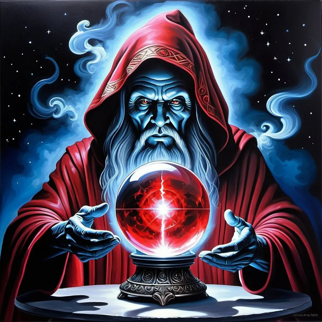 Prompt: A magic crystal ball lets an ancient human wizard to talk to a demon-alien head. smoke & magic, highly detailed, rich acrylic colors photo quality painting, cosmic astral time theme, dark foreboding, shadowed, scary, blood red, dark gray, electric blues, metal, horror,