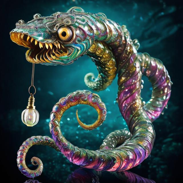 Prompt: A bejeweled sculpture of a spiral swimming sea serpent with iridescent scales & eight writhing & stinging tentacles made of gold, & a lantern fish-like head with bioluminescent lure on top & gaping mouth full of needle-teeth including some even longer than its face. high quality, epic bright lighting, perfect focus, detailed, perfect contrast, balanced, intricate details, realistic, 3D.