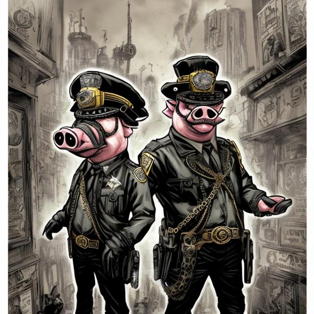 Prompt: A pair of pig-police officer partners, one bumbling, one evil. Adult dramatic graphic novel charachters drawn in fantastic, professional unique grafitti-steampunk-style comic art. 